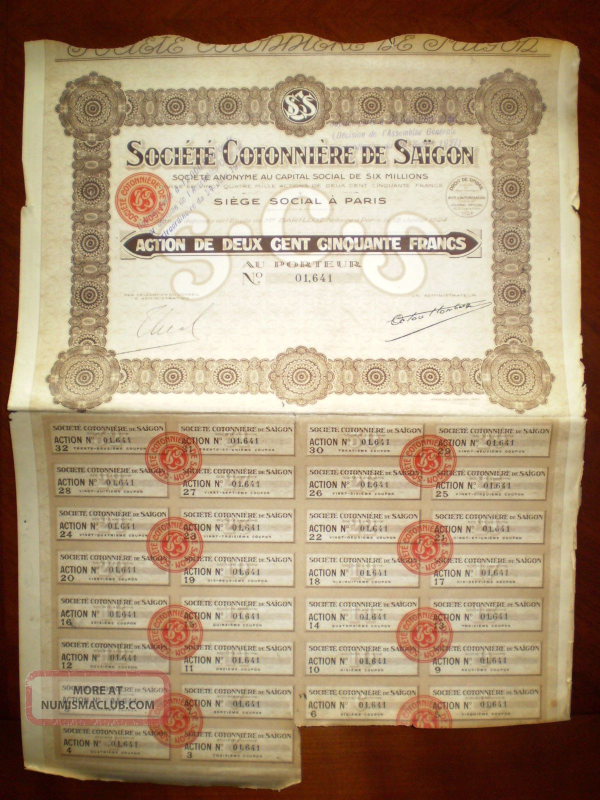 Société Cotonnière De Saigon,  Share Certificate.  Viet Nam 1926 Vf/ef World photo
