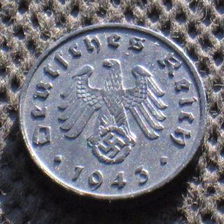 Old Coin Nazi Germany 1 Reichspfennig 1943 A Berlin Swastika World War Ii photo