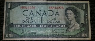1954 Bank Of Canada $1 Dollar Note,  Devils Hair Head,  Beattie/coyne photo