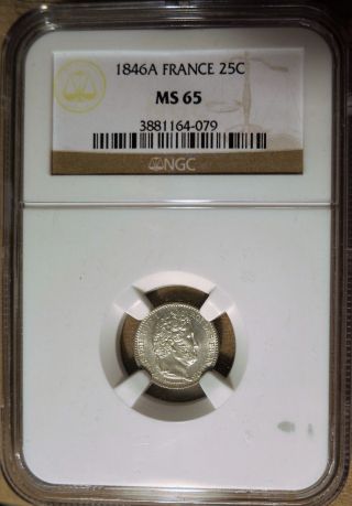 1846 A France 25 Centimes Silver Ngc Ms 65 photo