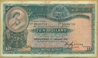 Hong Kong Hsbc 1937 10 Dollars P.  178,  Large Size,  Hand Signed photo
