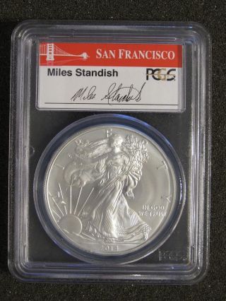 2014 (s) Silver American Eagle - Pcgs Ms70 First Strike,  Miles Standish Label photo