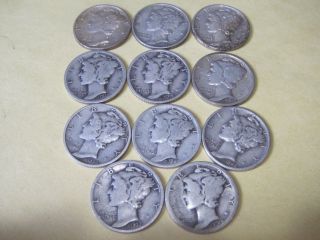11 Circulated Mercury Silver Dimes/most With Marks photo