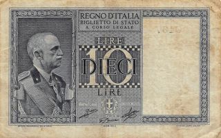 Italy 10 Lire D.  6.  18.  1939 P 25 Circulated Banknote photo
