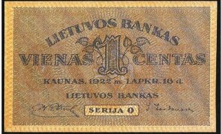 Lithuania Bank Of Lithuania 1 Centas 16.  11.  1922 Pick 7a A/unc 2 photo