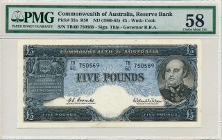 Reserve Bank Commonwealth Of Australia 5 Pounds Nd (1960 - 65) Pmg 58 photo