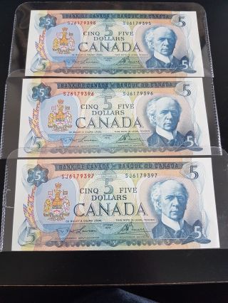 3 Consecutive Number Ch Unc 1972 $5 Bank Of Canada photo