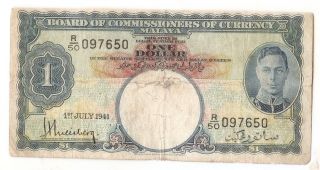 1941 King George Vi 1 One Dollar Straits Settlements Malaya Singapore Banknote photo
