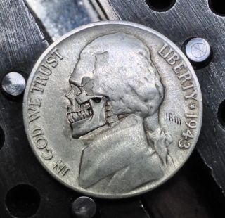 102 1943 Wartime Silver Hobo Nickel Skull Hand Carved Engraved Coin By Jam photo