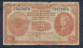 Netherlands Dutch East Indies Indonesia 50 Cents 1/2 Gulden 1943,  Circ. photo