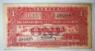 1930 Straits Settlements $1 One Dollar Vf.  Rare photo