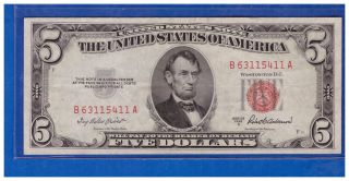 1953a Series $5 Dollar Bill Red Seal United States Currency Lt - M298 photo