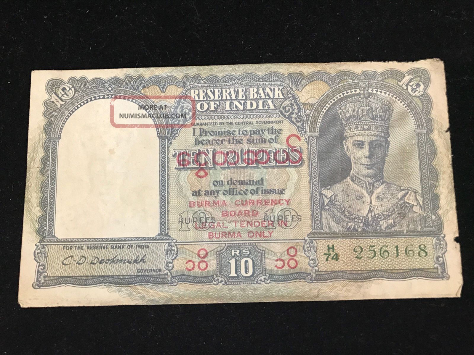 India 1947 King George Vi 10 Rupees With Burma Overprint [fine Condition] Asia photo