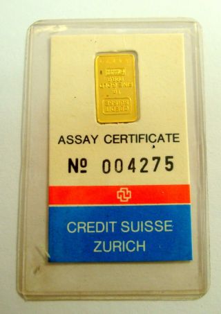 1 Gram 999.  9 Gold Credit Suisse Bullion Bar With Serial Number photo
