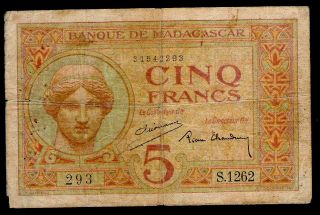 Madagascar - 1937 - 5 Francs - P35 - F/fine photo