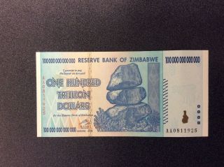 Zimbabwe 100 Trillion Dollar Bank Note,  Uncirculated,  2008 Series Aa,  P91 photo
