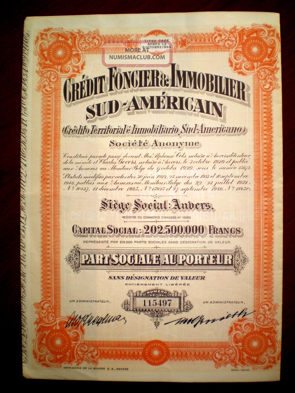 Credit Foncier & Inmobilier Sud - Américain 1946 Argentina Share Certificate World photo