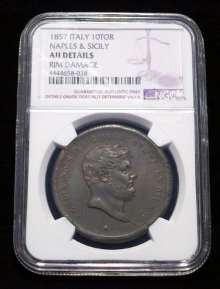1857 Naples And Sicily,  Italy 10 Tornesi,  Ngc Au Details Large Copper photo