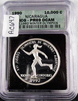 1990 Nicaragua Icg Certified Pr69 Dcam.  999 1oz Silver Coin Green Holder Ac647 photo