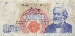 Italy 1000 Lire 14.  1.  1964 P 96b Series M 22 Circulated Banknote 3d photo