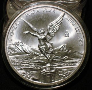2002 5 Oz Onza Mexico Silver Libertad Bu.  999 Plata Pura Low Mintage Of 5200 photo