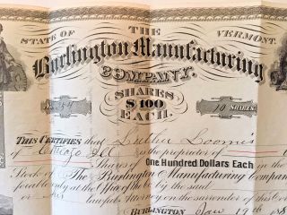 Burlington Vt 1887 Capital Stock Certificate Luther Loomis Burlington Mfg.  Co. photo