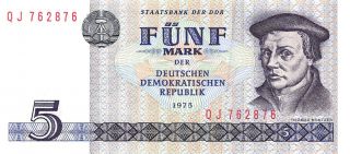 Germany East 5 Mark 1975 Series Qj Uncirculated Banknote E517jq photo