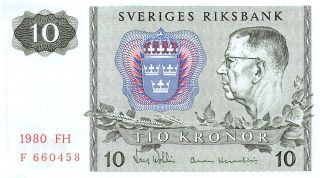 Sweden 10 Kronor 1980 Series Fh Prefix F Uncirculated Banknote E517jq photo
