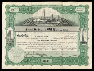 Antique 1920s Zuni Arizona Oil Company Capital Stock Certificate 200 Shares 1927 photo
