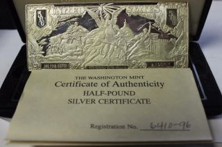 1996 8 Troy Ounces (half - Pound).  999 Fine Silver Bar Silver Certificate Design photo