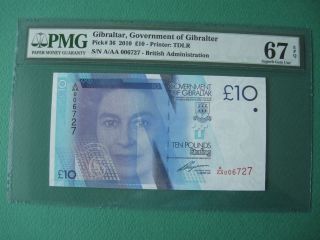 2010 Gibraltar Government 10 Pounds Aaa006 S/n.  Pmg 67 Epq Gem Unc photo