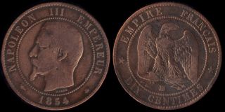 1854 10 Centimes France Bb Strasbourg Napolean3 Emperor Bronze Coin Button photo