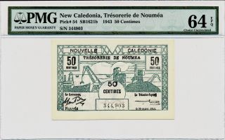 Tresorerie De Noumea Caledonia 50 Centimes 1943 Pmg 64epq photo