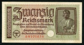Germany Ww2 20 Reichsmark 1940 - 1945 Series A Vf photo