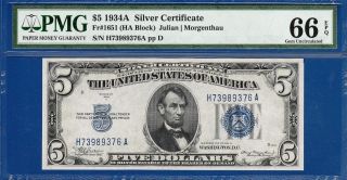 1934a $5 Silver Certificate Blue Seal Ha Block Pmg Gem Uncirculated Cu 66epq C2c photo