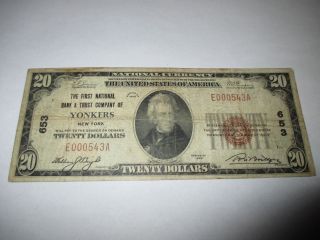 $20 1929 Yonkers York Ny National Currency Bank Note Bill Ch.  653 Rare photo