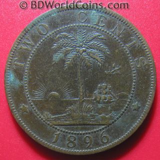 1896 Liberia 2 Cents Palm Tree Ship Sun Low Rare African Coin Bronze 29mm photo
