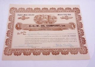 Antique 1918 Stock Certificate Cgw Oil Co Cleburne Texas Oil Well Railroad 22996 photo