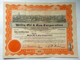 1920 Stock Certificate,  Willis Oil & Gas Corporation,  Oil Wells Graphic photo