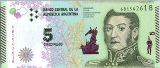 Argentina 5 Pesos J.  San Martin - Bolivar,  Mendoza,  Artigas - Serial B 2016 photo