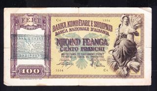1945,  Albania Paper Money,  100 Fr.  Italy Occupation.  Overprint R2 photo
