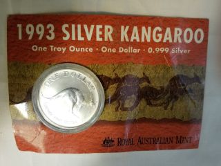 1993 Royal Australian Kangaroo 1 Oz Silver Dollar Orig Card Australia photo