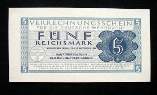 1944 Germany Military Banknote Wehrmacht 5 Reichmark Unc photo