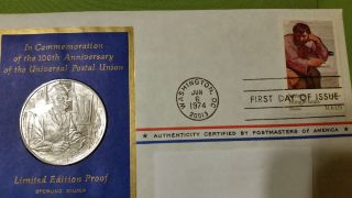 . 74 Troy.  925 Sterling Medallic Fdc 7 1974 And Stamp Universal Postal Union photo