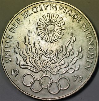 1972 D German 10 Marks Silver Coin Olympic Games Commemorative Flame Spiral Au photo