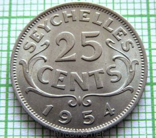 Seychelles 1954 25 Cents,  Unc Lustre photo