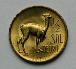 1969 Peru Brass Coin - 1/2 Sol - Unc Bright Lustre & Tone Spots - Alpaca Animal photo