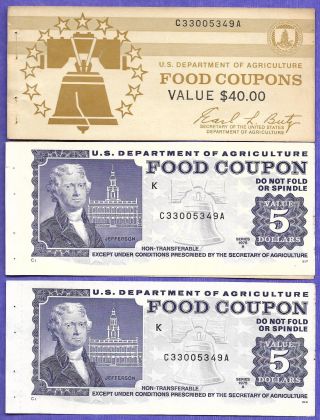Food Stamp Coupon Usda Two 1975 A $5.  00 C33005349a Month Code K With End Tabs photo