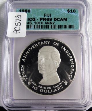 1980 Fiji 10th Anniversary $10 Silver Icg Pr69 Dcam Green Holder Low Ac573 photo
