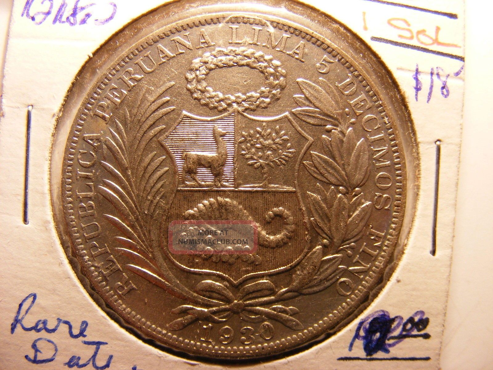 Peru Silver 1 Sol,  1930,  Scarce With Minatge Only 76,  000,  Au Peru photo